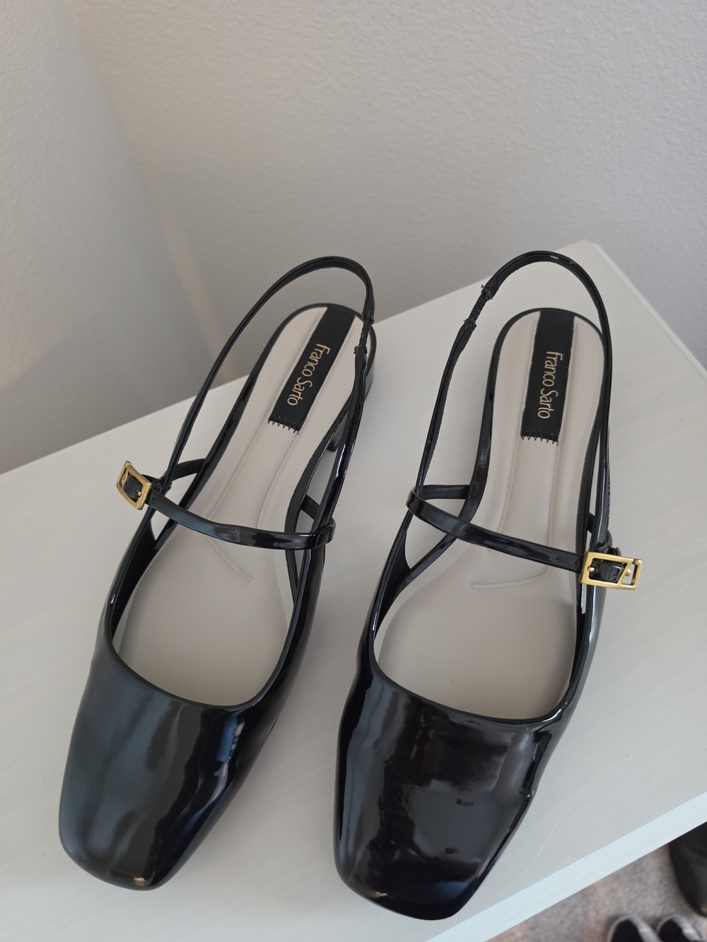 Franco Sarto Black Patent Square-Toe Slingback Flats